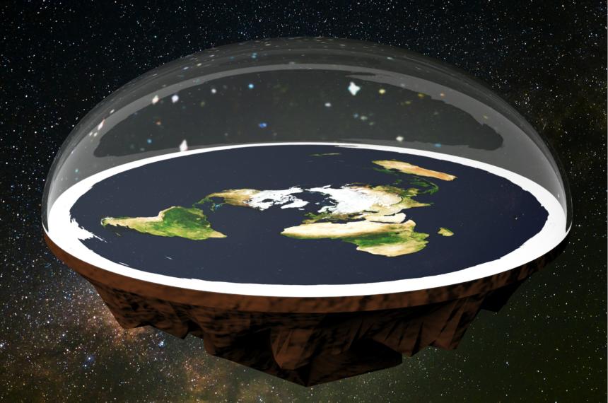 Fiktive Darstellung der flachen Erde mit Glaskuppel; Copyright cokada via Canva